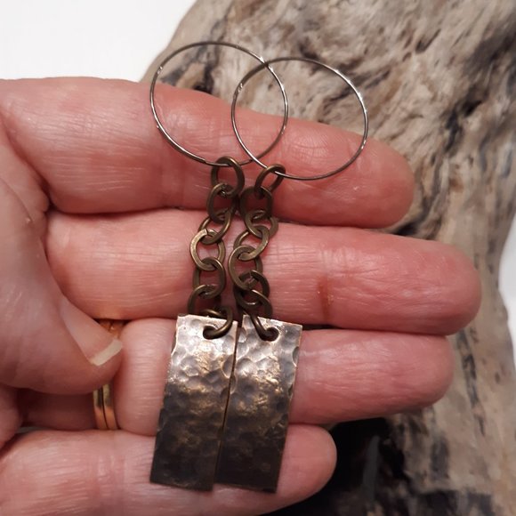 Handcrafted oxidized brass bar chain hoop dangle earrings - Picture 2 of 4
